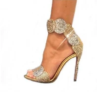 luxury gold bling crystal embellished high heel pumps summer sexy open toe woman back zipper ankle strap gladiator sandals