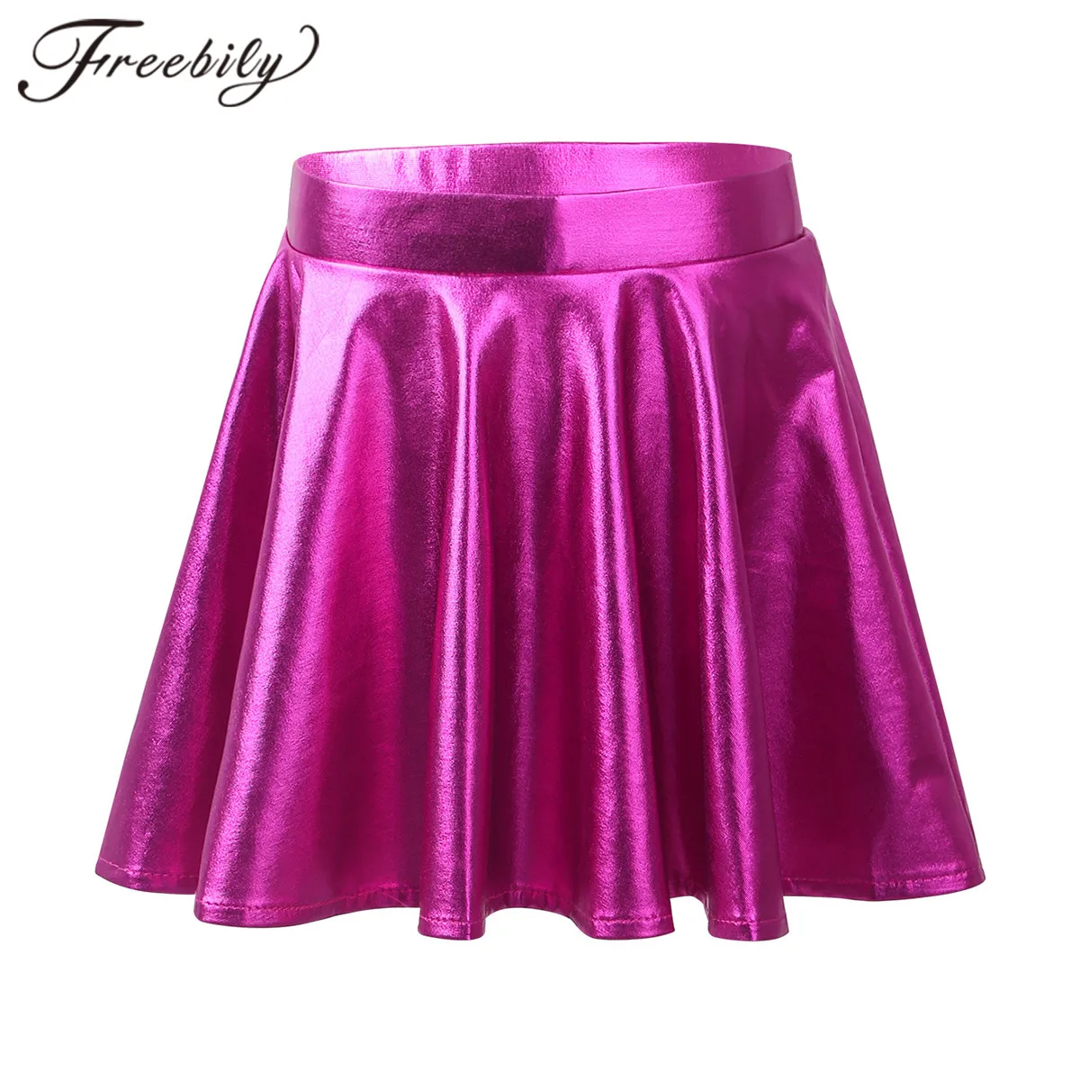 

Kids Girls Glossy Metallic Flared Pleated Skirts High Waist Elastic Waistband A-Line Skater Skort Scooter Dance Mini Skirt