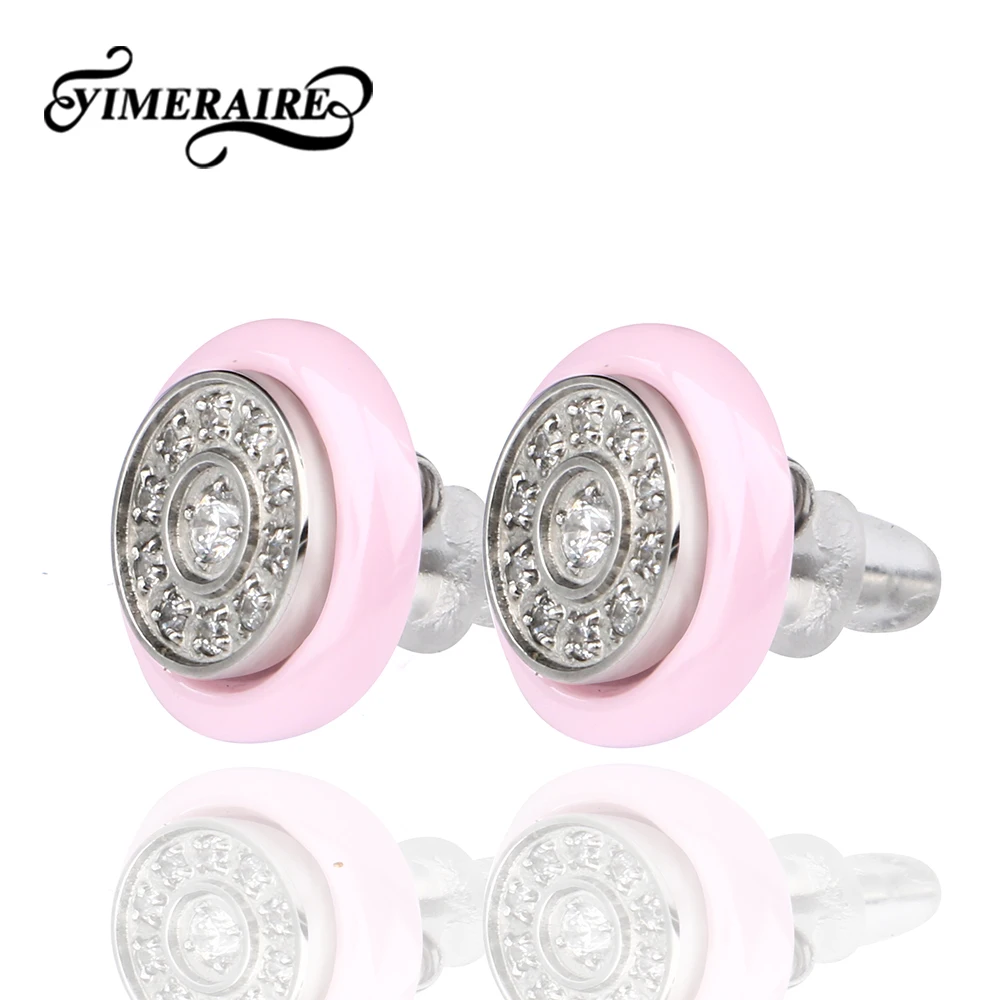 Милые розовые серьги гвоздики из керамики круглой формы с сияющими кристаллами