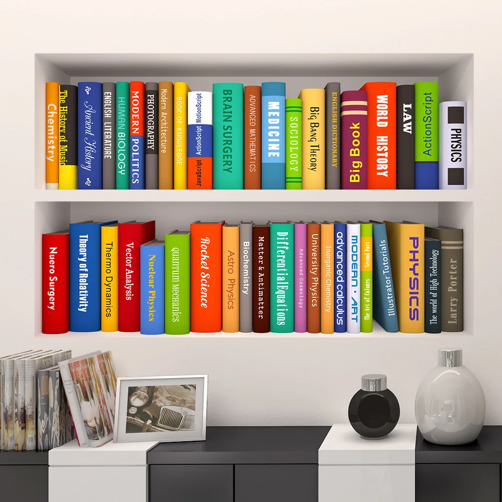 

3D Creative Fake Bookcase Home Decor Vinyl Wall Stickers DIY Book Decoration Vintage Poster Wallpaper Wallsticker