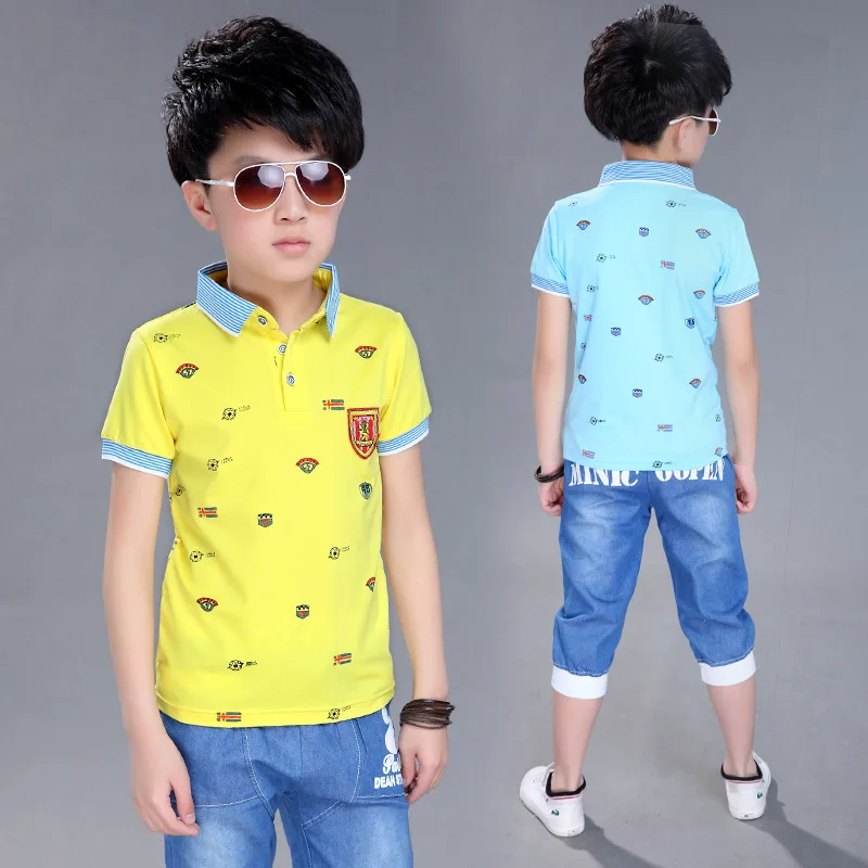 

Children's Wear The New Boy's Suit Cuhk Children's Pure Cotton Short Sleeve T Shirt +short Cowboy Pants 2pc Suits 4 8 12 14 Ages
