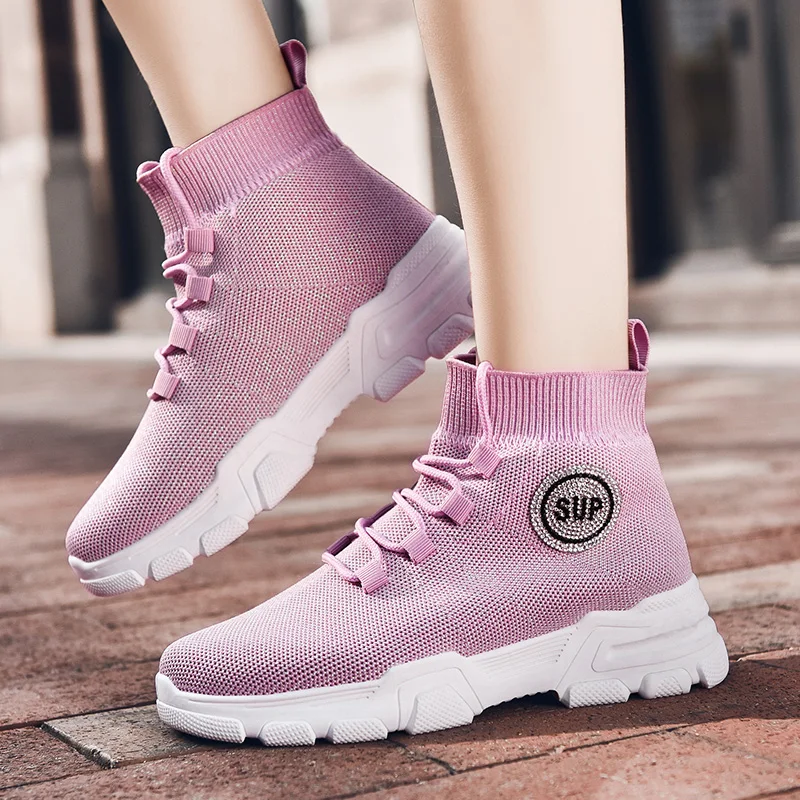 NIKEZI/уличные модные женские ботинки с высоким берцем вязанные слипоны из