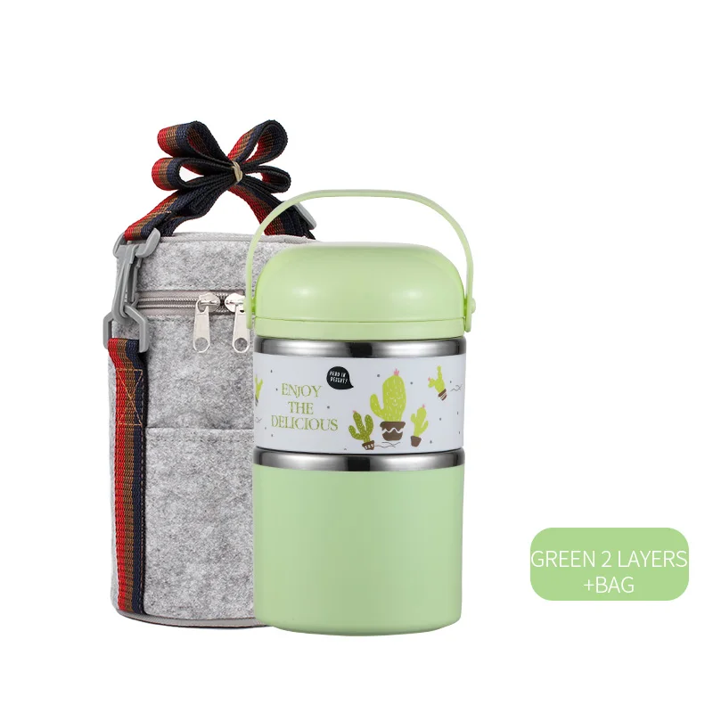Green 2 Layer Set WORTHBUY милый японский термальный Ланч-бокс герметичный из нержавеющей стали Bento box детский портативный контейнер для еды для пикника и школы - Цвет: Green 2 Layer Set