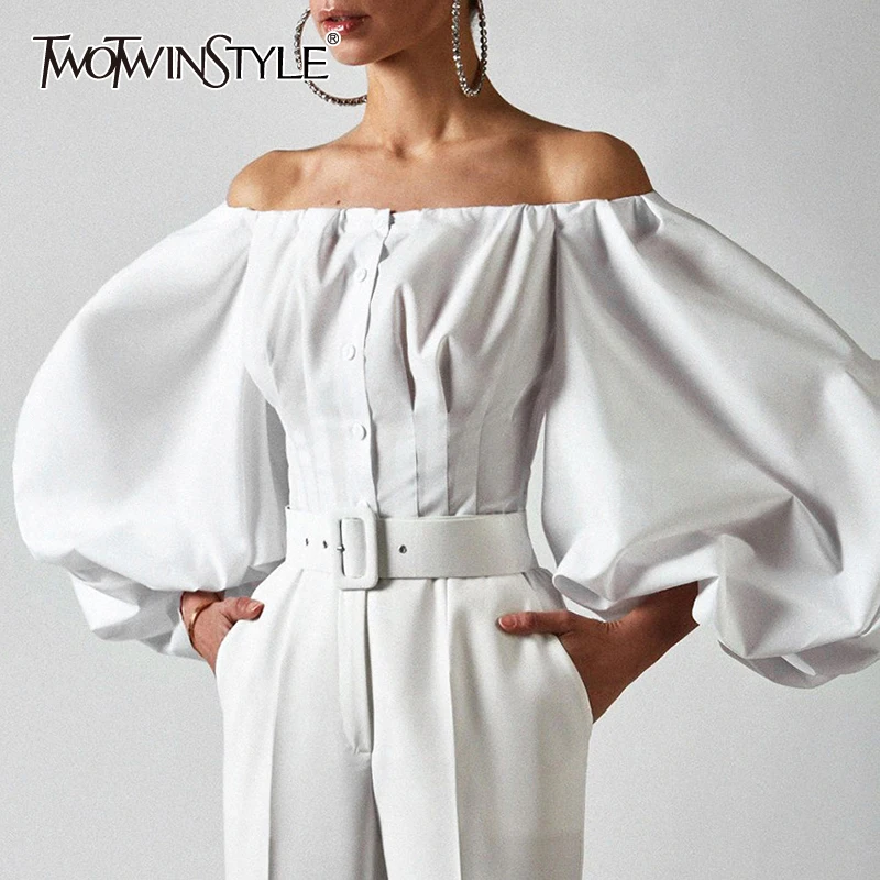 

TWOTWINSTYLE Elegant White Shirt For Women Slash Neck Long Sleeve Tunic Solid Blouse Female Fashion Clothing 2021 Tide Spring