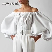 twotwinstyle elegant white shirt for women slash neck long sleeve tunic solid blouse female fashion clothing 2021 spring