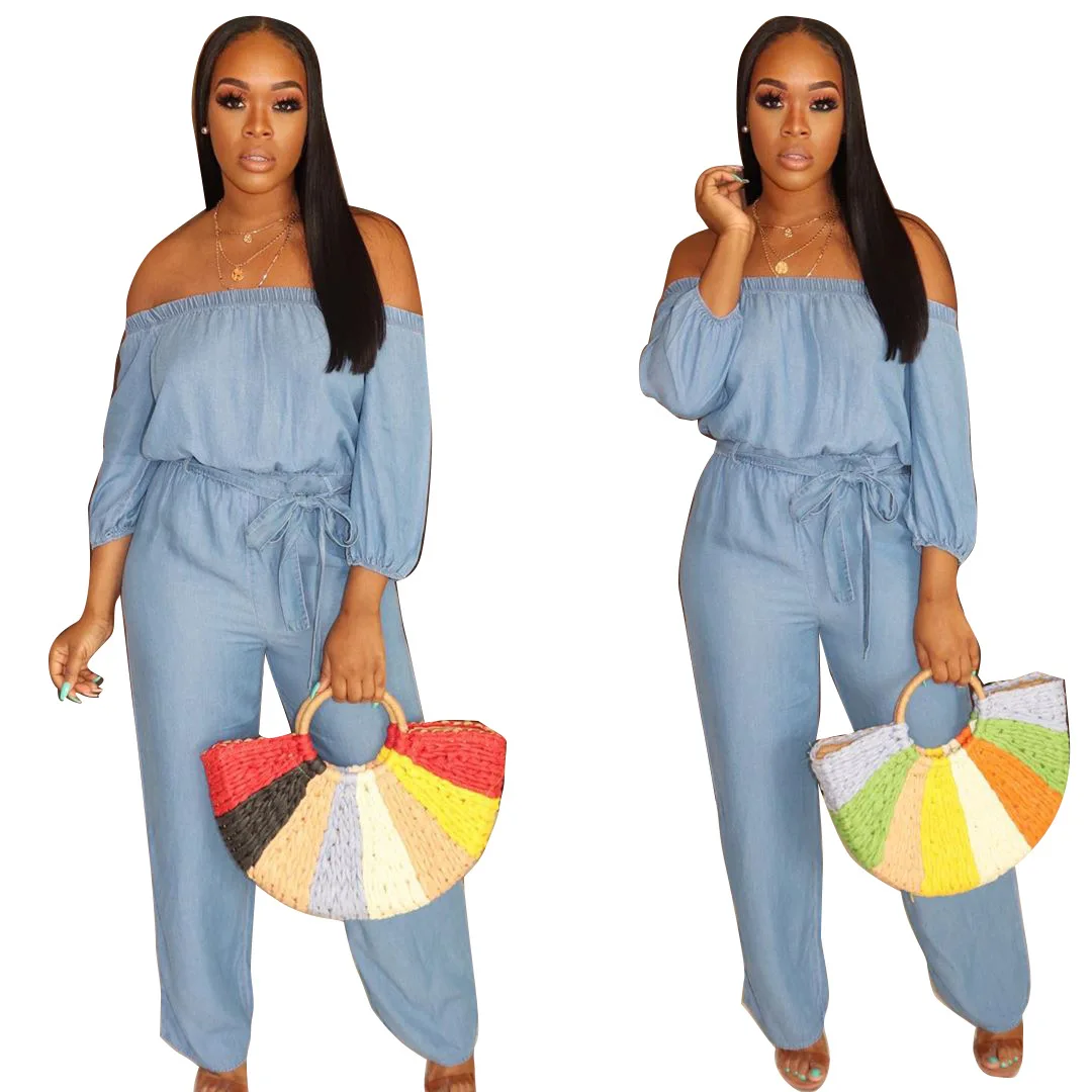 

Straight Casual Jumpsuits Elastic Waist Long Sleeves Sash Spring Light Blue Slash Neck Women Loose Rompers Pants