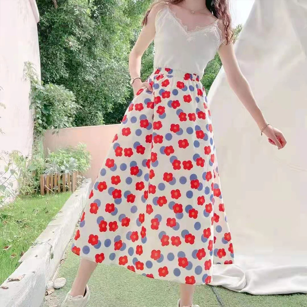 

SISHION 2021 Sweet Loose Floral Printed Skirts VD1954 Jupe Cotton A Line Bottom High Chic Female Beach Midi Skirt