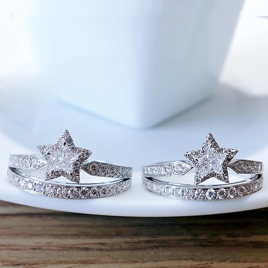 

Fashion Engagement Diamond Ring 925 Silver Plated Wedding Jewerly Female Romantic Moon Star Couple Rings Simulation Zircon Ring