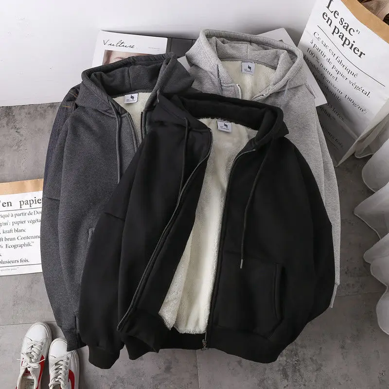 

Women sweatshirt solid color 2021 autumn winter new imitation lamb wool korean loose plus velvet thick zipper tops hoodie