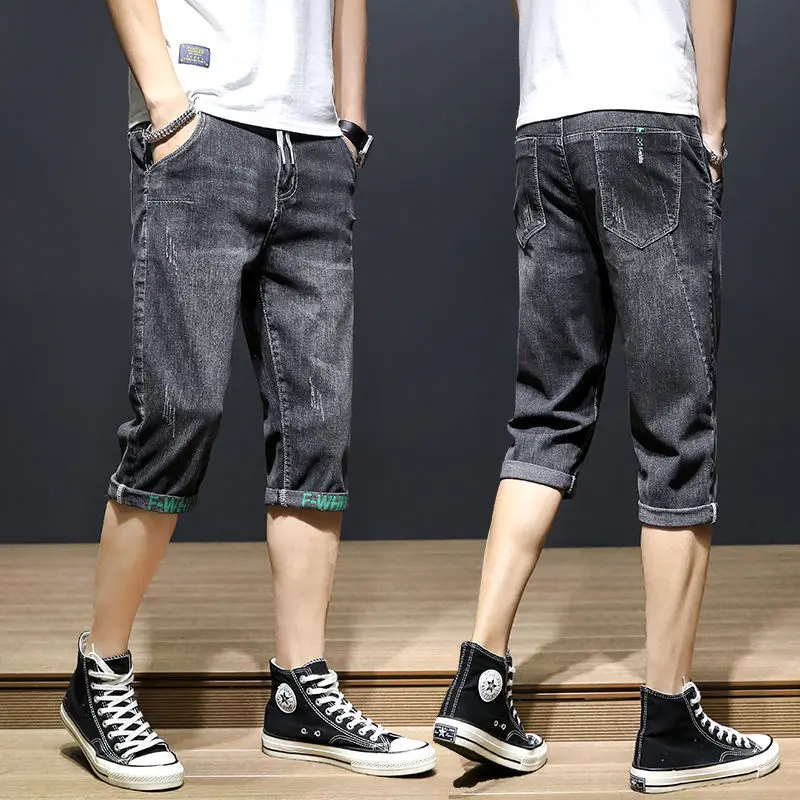 Elastic summer denim shorts men's slim cropped trousers Korean fashion men's casual pants men shorts