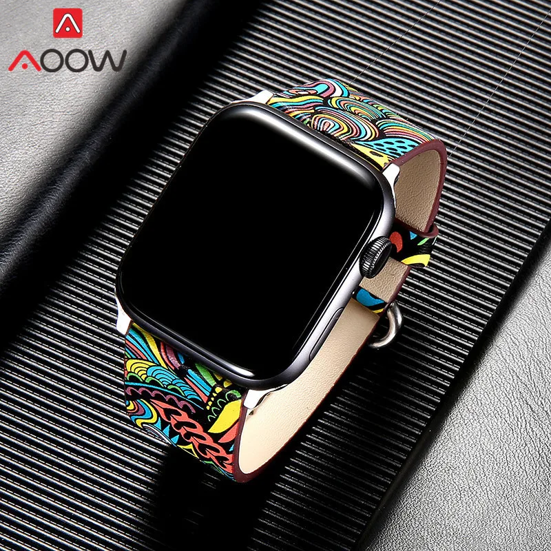 Кожаный ремешок для часов Apple Watch 38 мм 42 мм 40 мм 44 мм цветочный ремешок с цветочным принтом Национальный стиль браслет для iwatch 1 2 3 4