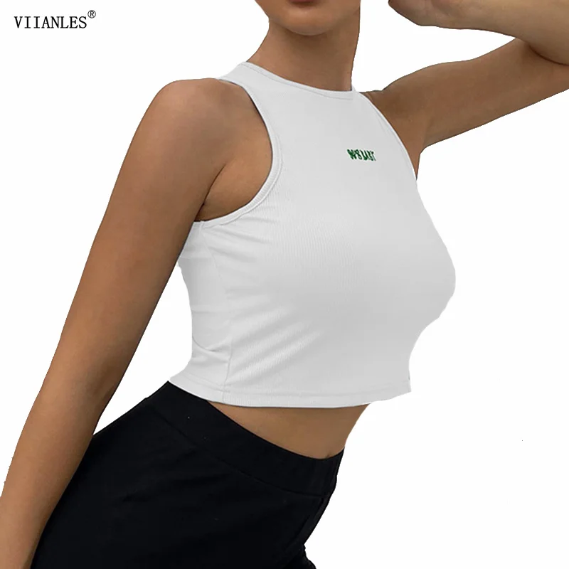 

VIIANLES модная женская летняя майка, топы, женская укороченная эластичная футболка, модная вышитая надпись, новинка 2021, лидер продаж
