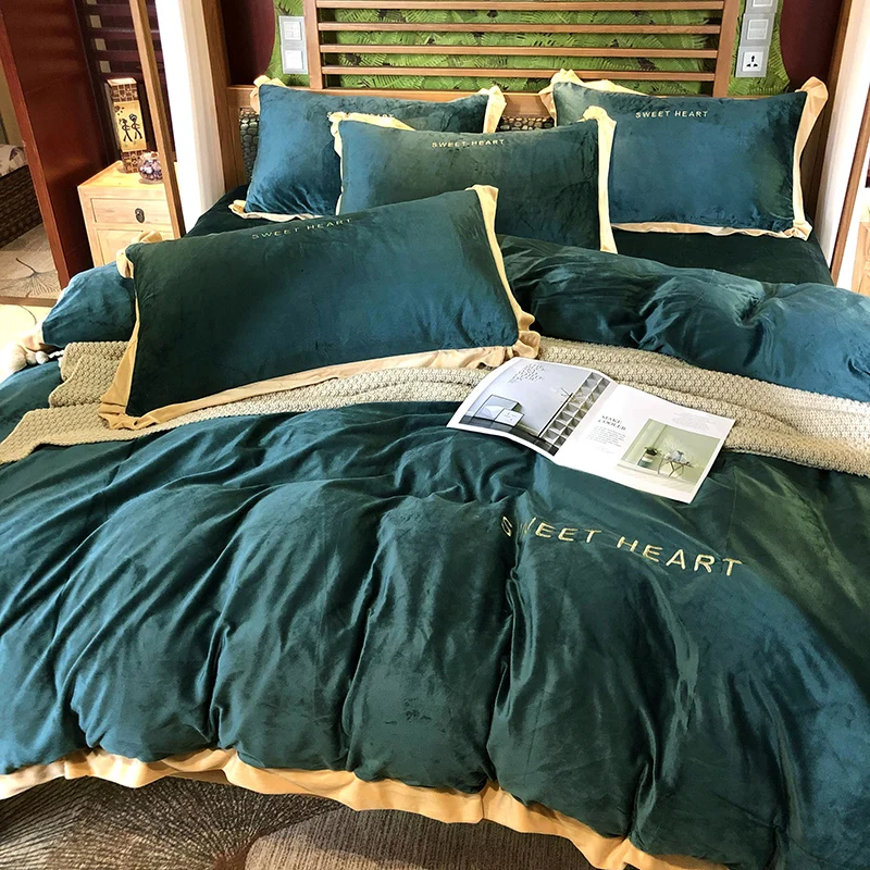 

Warm Embroidery Bedding Set Luxury Modern Winter Double Sided Flannel Bedding Set Queen Size Juego De Cama Home Textile DG50BS