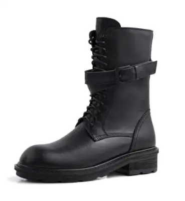 black soft leather Krazing pot/брендовая зимняя обувь из натуральной коровьей кожи; мотоботы на среднем каблуке; Роскошные элегантные сапоги до середины икры с круглым носком для зрелых женщин; l29 - Цвет: black soft leather