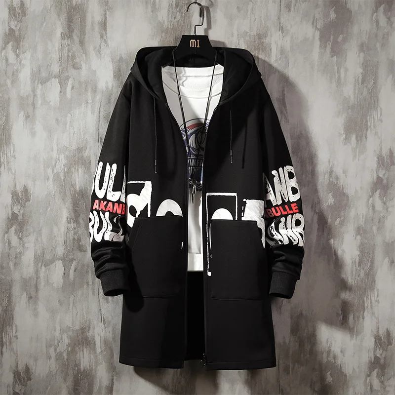 

Streetwear Men Hooded Jackets Print Harajuku Windbreaker Ribbon Overcoat Male Casual Trench Man Outwear Hip Hop Coats Oversized