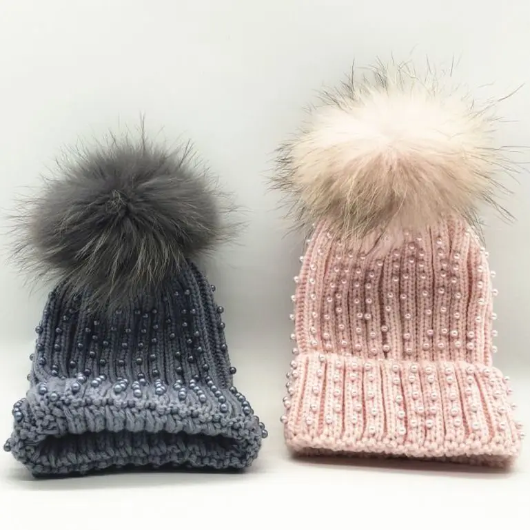 

New winter beaded Pearl Knitted beanie cap Women casual real fox raccoon fur pom pom skullies cap skullcap Hat Gorros