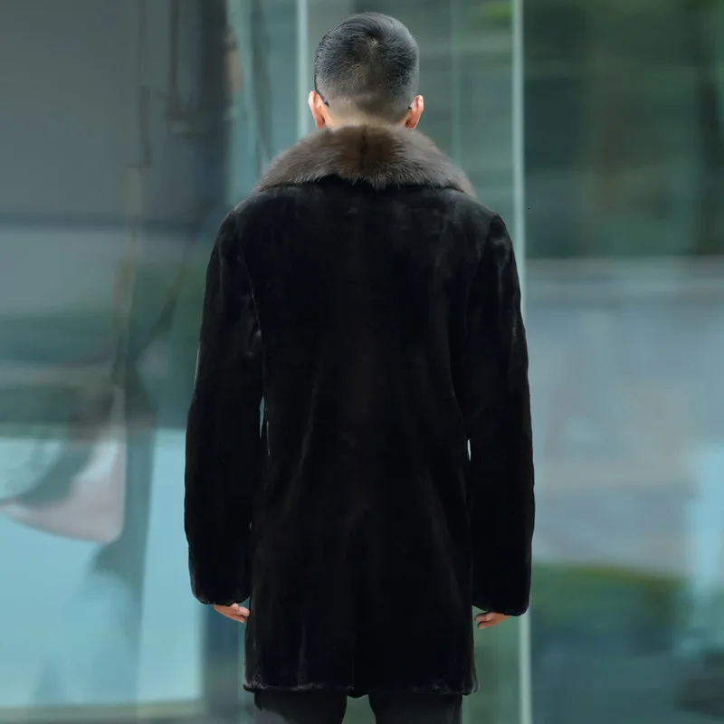 Двубортное мужское меховое пальто с воротником из искусственного меха деловое