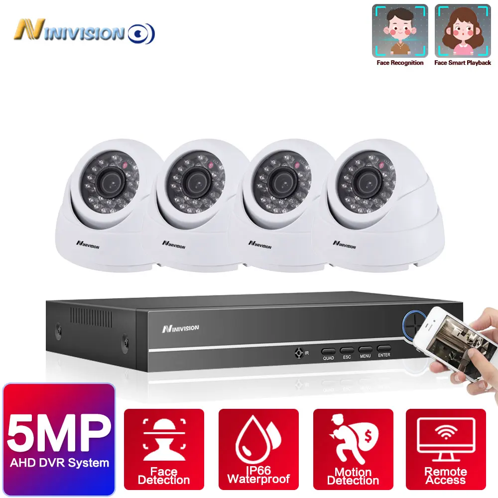 

NINIVISION 4CH 5MP HD DVR Home Security Camera System 4pcs 5MP Human Detection IP66 Outdoor Dome Cameras Surveillance CCTV Kit