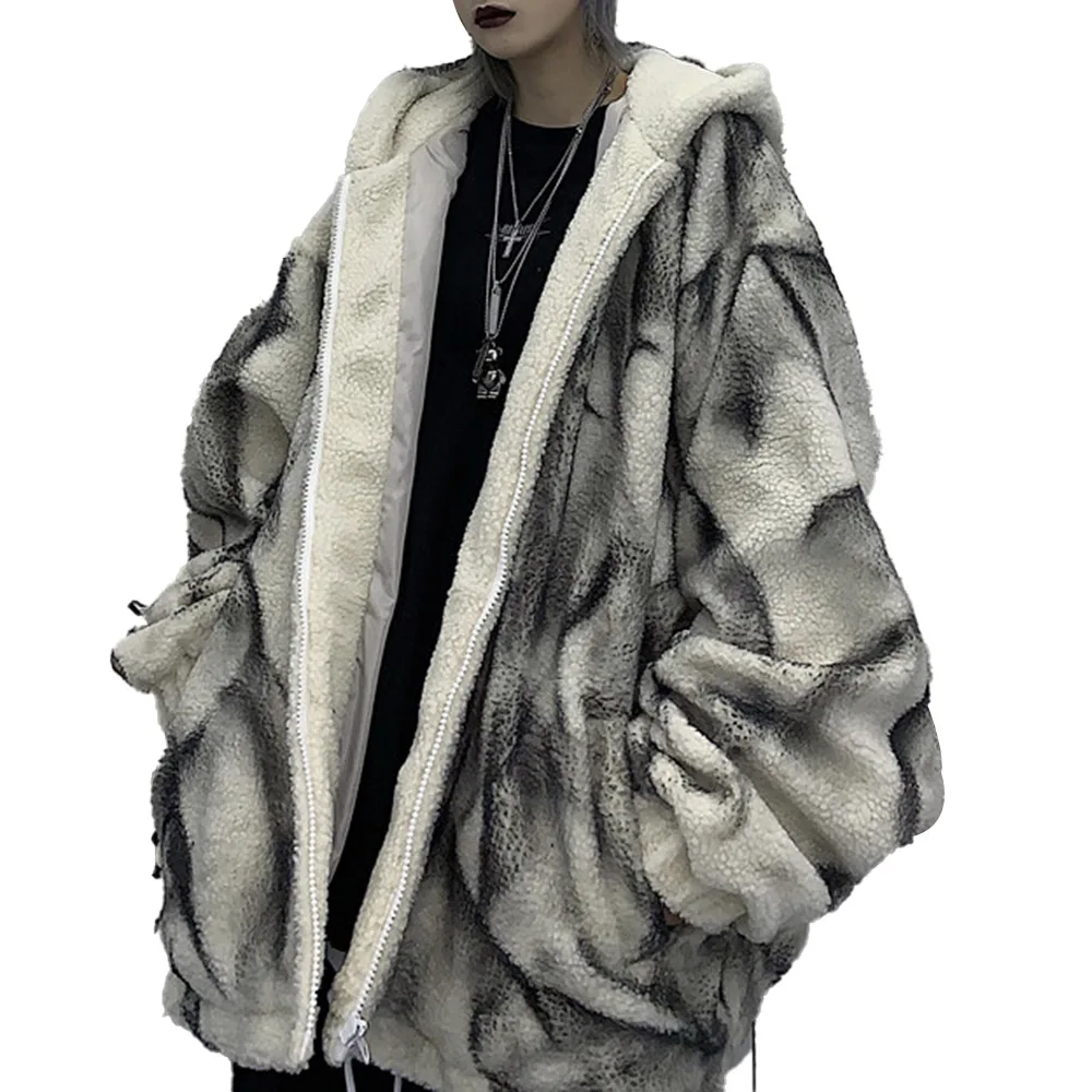 

Winter Fleece Jacket Women Gothic Tie Dye Warm Casual Plush Coat Oversize Jackets Loose Hip Hop Streetwear Hooded Outwear