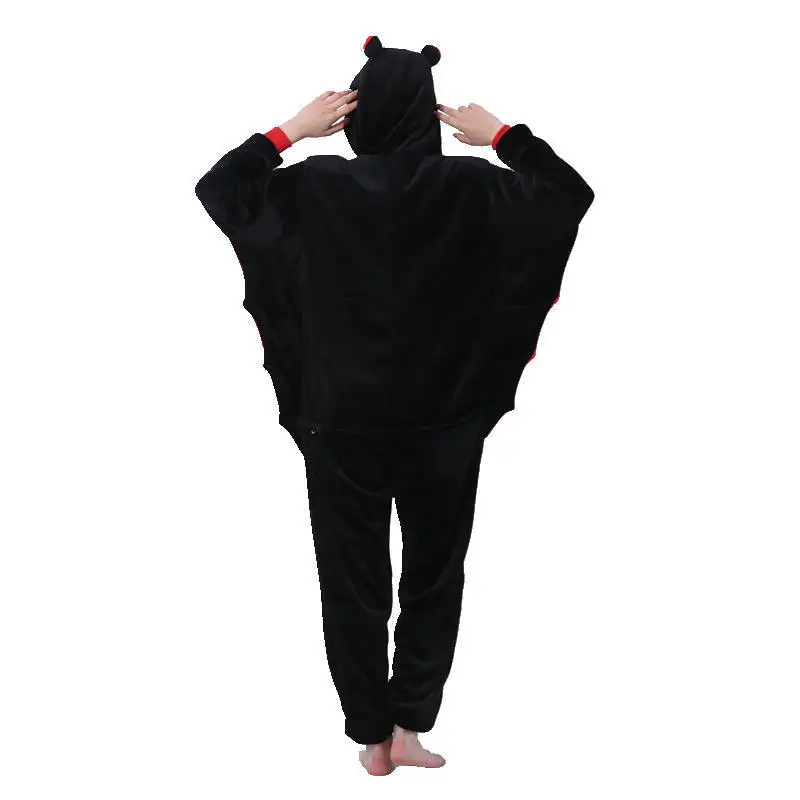 Cute Cartoon Kigurumi Black Bat Pajamas Long Sleeve Hooded Onesie Adult Women Animal Halloween Christmas Sleepwear