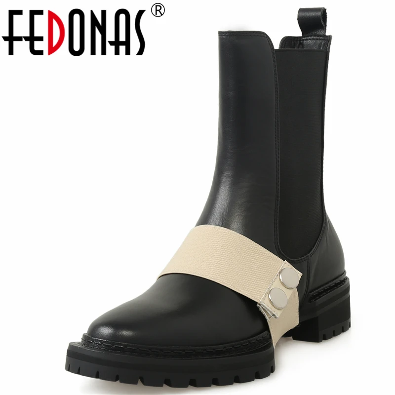 

FEDONAS Thick Heels Women Ankle Boots Autumn Winter Top Quality Genuine Leather Working Casual Fashion New Splicing Shoes Woman