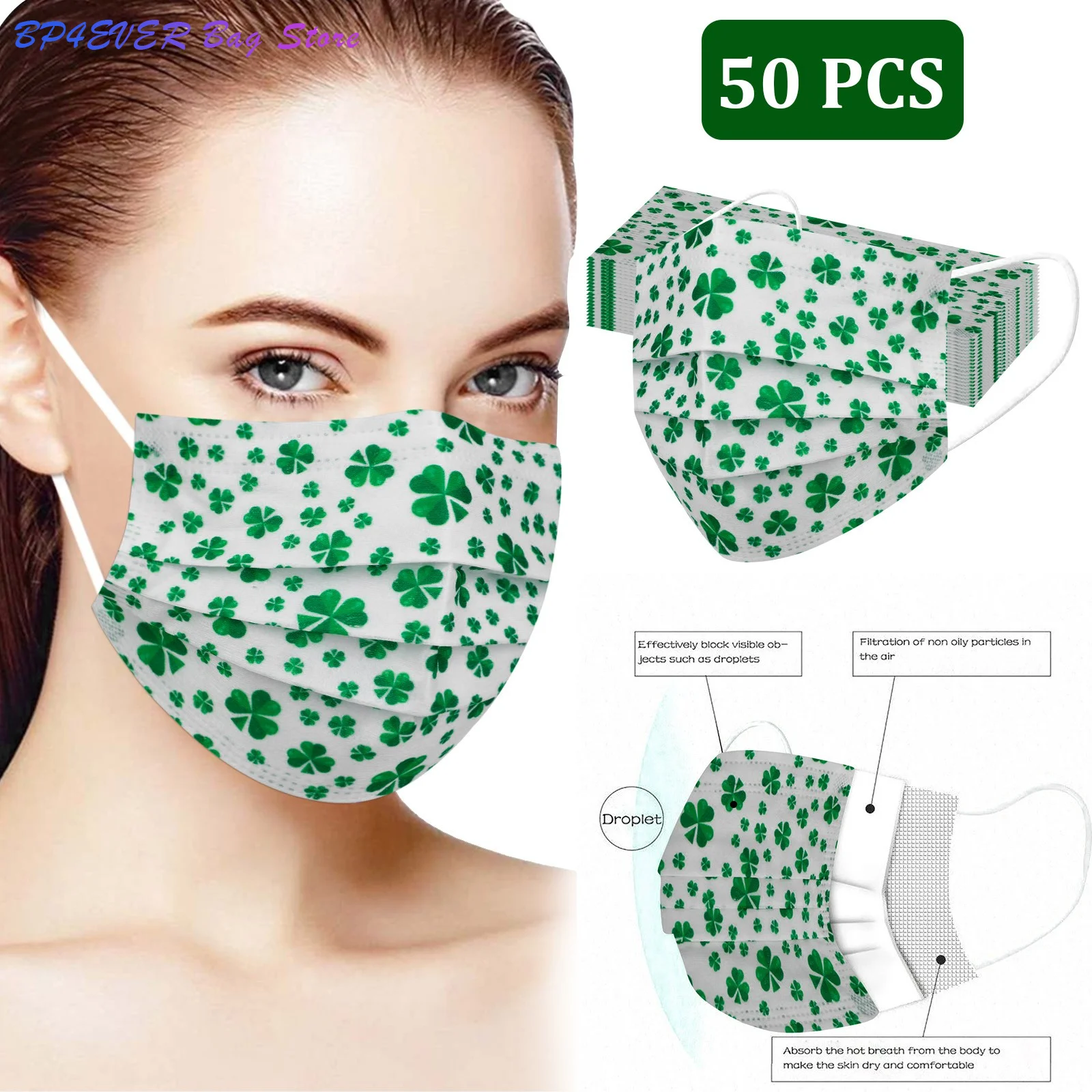 

50pc Fashion Aldult Mask Green Clover Plant Non-woven Fabric Three-layer Disposable Protective Printing Mask Christmas Cosplay