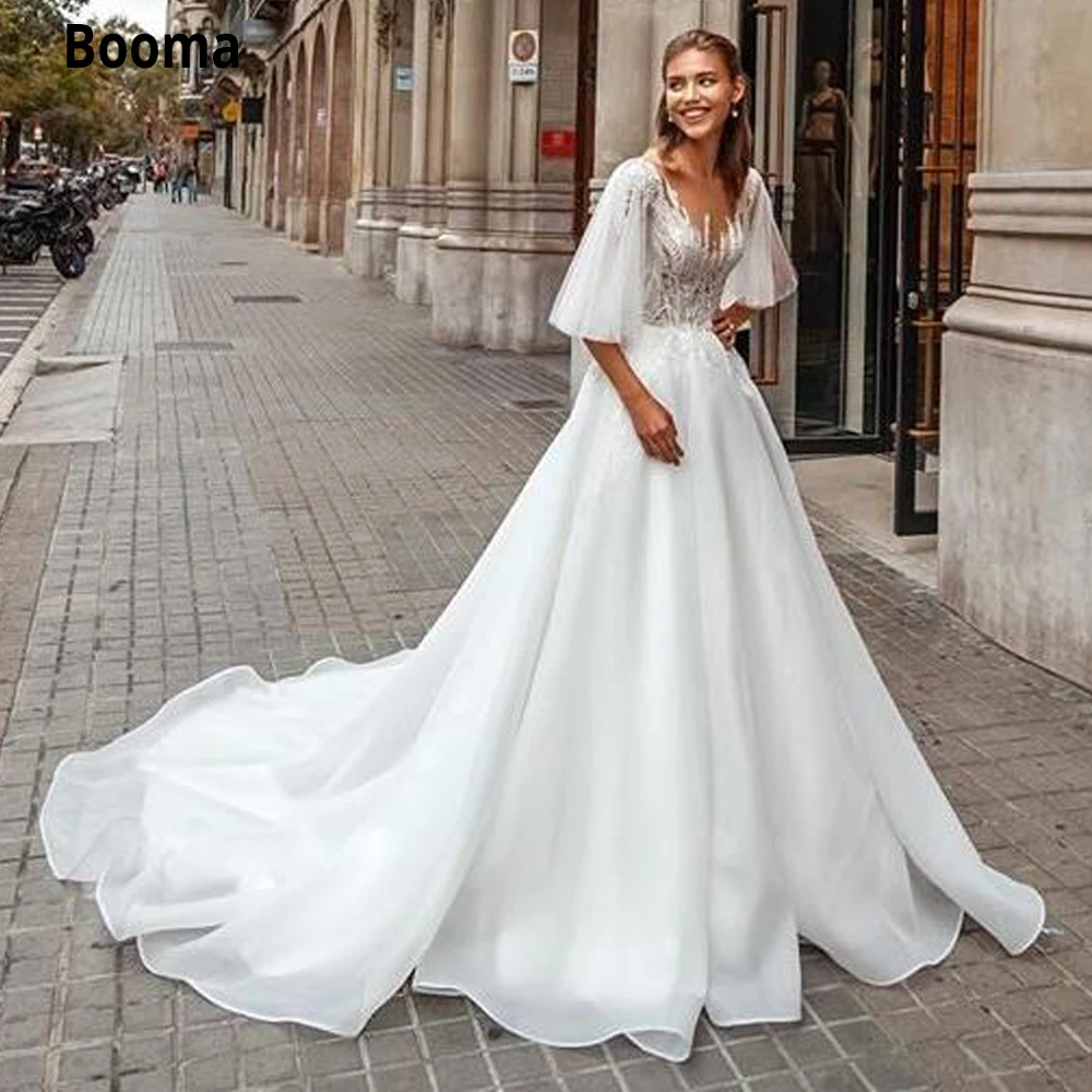 

Booma Amazing Lace Appliqued Wedding Dresses Sheer Bateau Beach Boho Bridal Gowns Sweep Train Plus Size Princess Party Dress