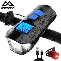 mosodo bicycle front light rechargeable usb bike flashlight waterproof mtb lamp cycling led headlight speedometer with horn bell