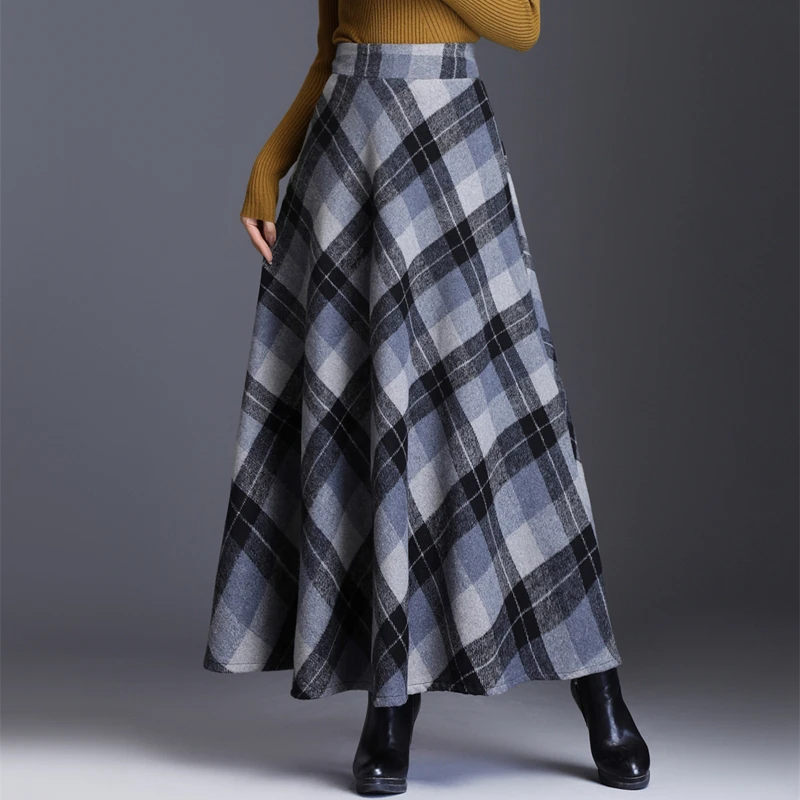 

Winter Vintage Thick Warm Wool Print Skirt Women Mother Lady High Waist Plus Size Pleated A-line One Piece Skirt 4XL