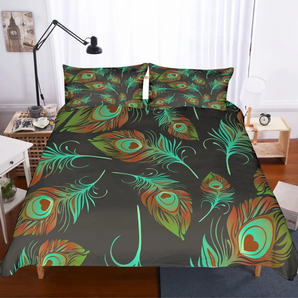 Microfiber Art Bedding Set Peacock Feather Duvet Cover Soft Pillow Case Home Decor Bedspread 2/3 Pieces Black/White Background | Дом и сад