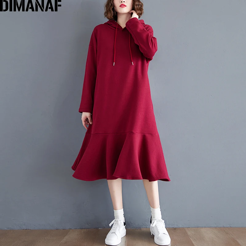 

Женское платье с капюшоном DIMANAF, повседневное Хлопковое платье оверсайз с длинным рукавом, свободная одежда для осени и зимы