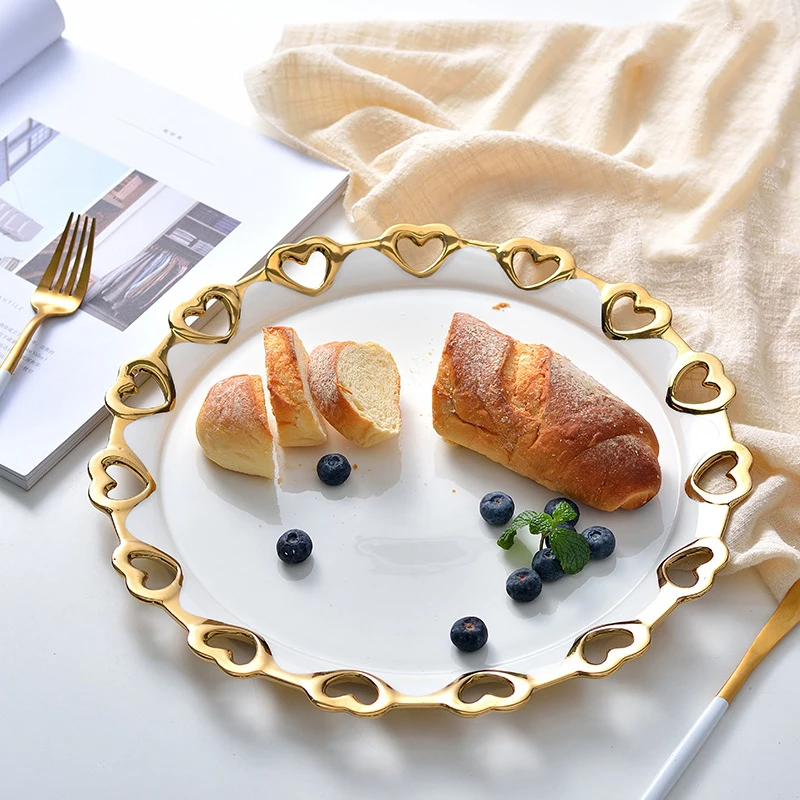 

Elegant Ceramic Gold Rim Plate With Heart Hollow Out Food Dish Dessert Nordic Style Retro Dinner Plate Dinnerware
