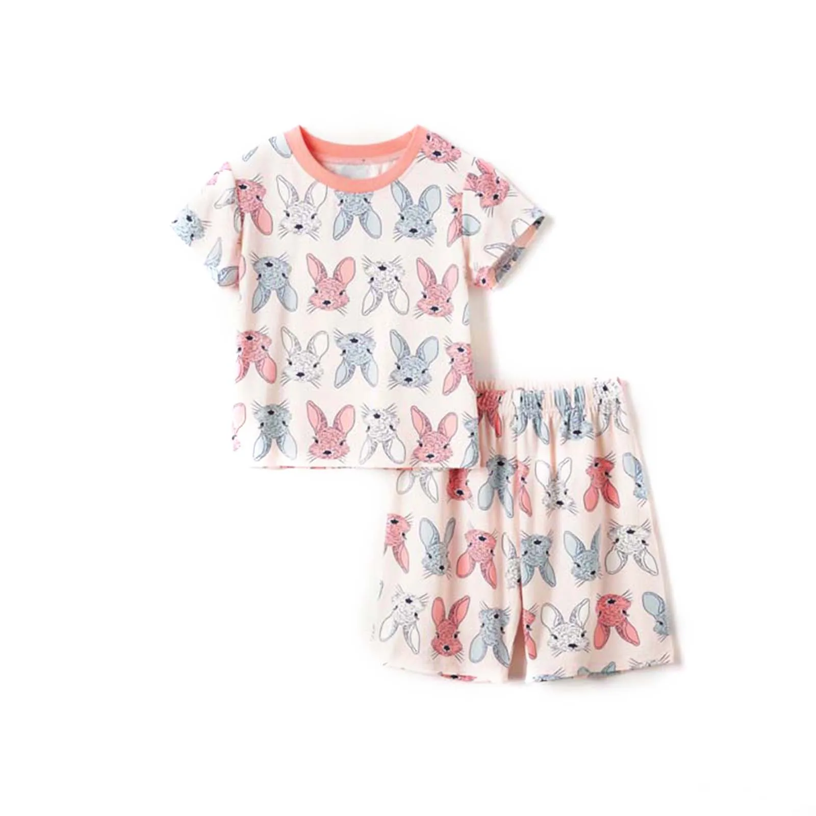 

Детский розовый костюм с рисунком для маленьких девочек; Ночная одежда, комплект футболка с коротким рукавом и изображением кролика из муль...