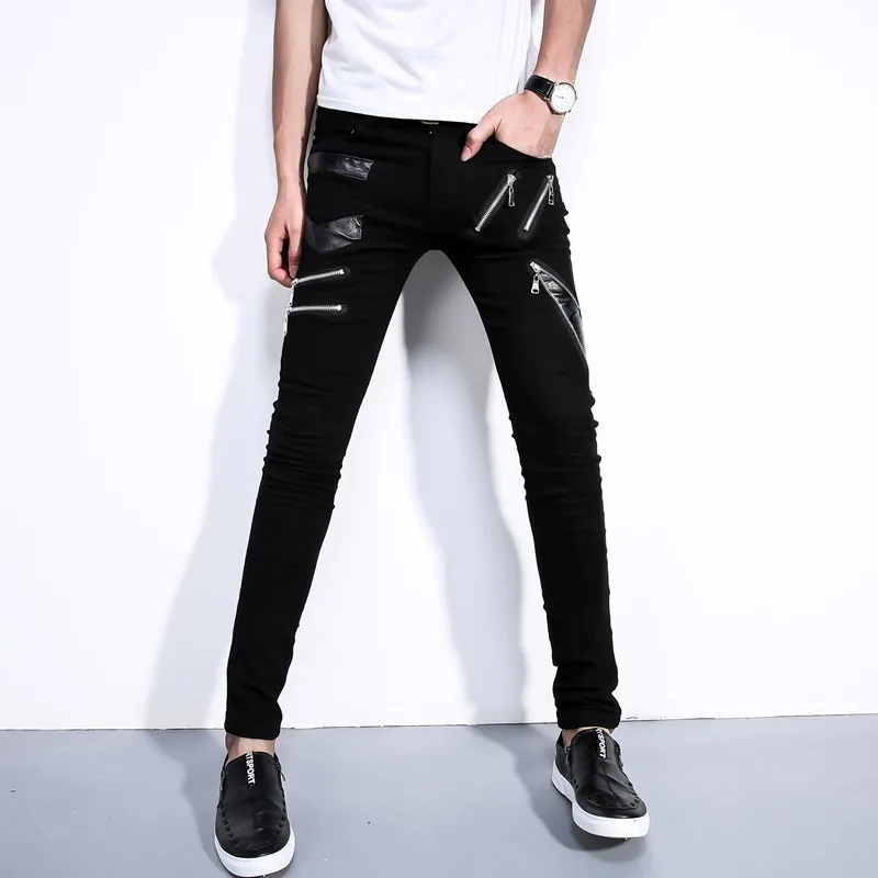 Индивидуальные мужские брюки в стиле панк Модные узкие на молнии длинные кожаные