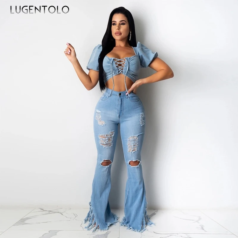 

Lugentolo Women's Long Jeans Holes Ripped Slim-fit Sexy Fashion Casual Flare Pants Jeans Tassel Female Street Solid Jeans