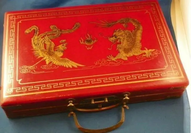 

CHINA'S 144 MAHJONG SET/RED DRAGONS AND PHOENIXES LEATHER BOX