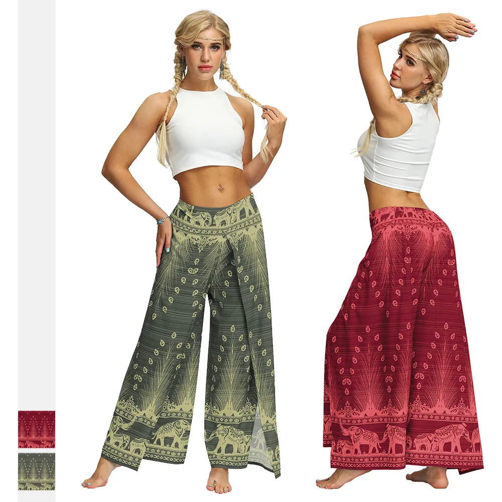 

Womens Palazzo Yoga Pants Slit Wide Leg Pants Beach Vintage Hippie Bohemian Pilate -40