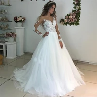 myyble illusion scoop long sleeve wedding dresses lace appliques sheer back white ivory tulle wedding dress lace wedding gowns