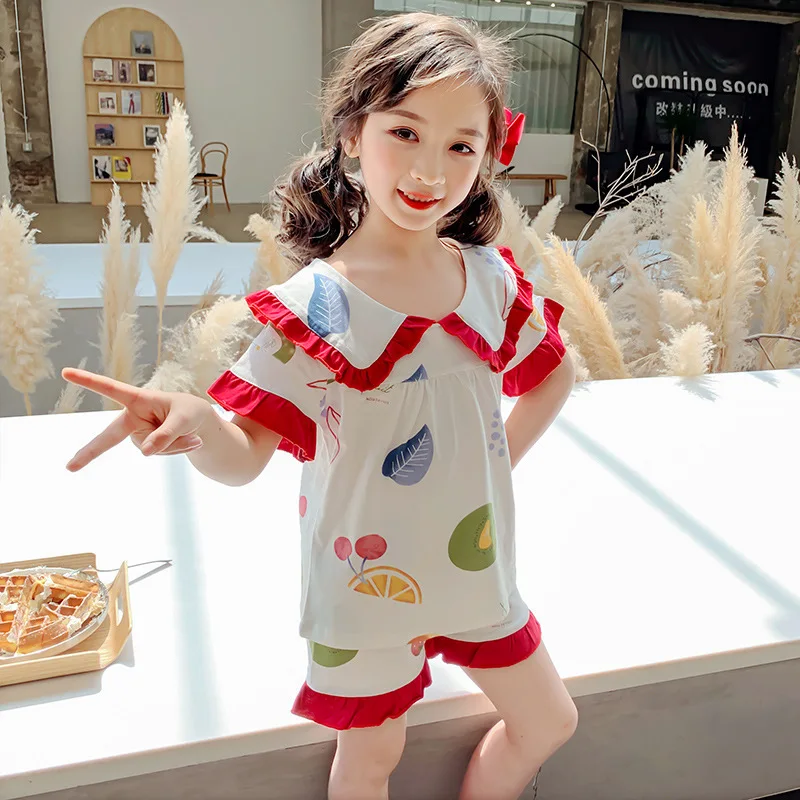 

Summer Soft Pyjamas For Girls Cute Floral Print Pajamas Kids Leisure Short Sleeve Nightwear Kids Night Home Clothes Nighty 2PCS