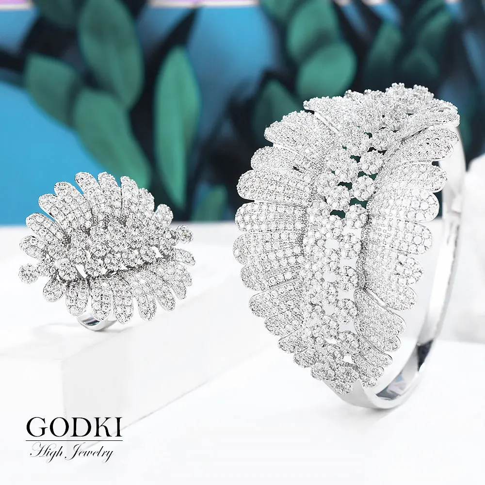 

GODKI Luxury Trendy Fashion Flower Leaf Geometry Cubic Zirconia Wedding Bracelet For Women Bangle Ring Set High Jewelry Sets