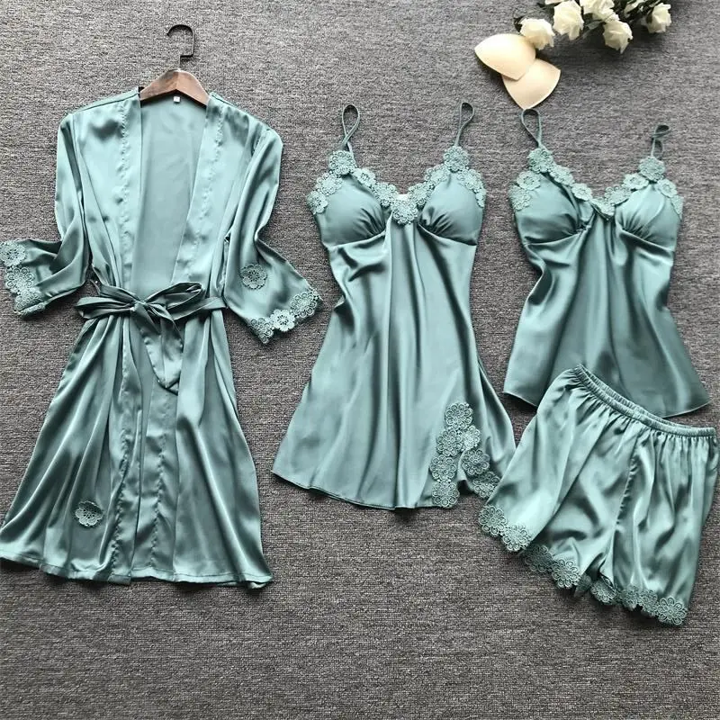 

Women 4 Pieces Set 2021 Autumn Women Lace Printing Solid Pajamas Set Sexy V Neck Nightgown Bathrobe Wear Sleepwear Night Dress