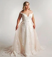 mermaid wedding dress with detachable train lace appliques plus size v neck light champagne bridal gown cap sleeve elegant
