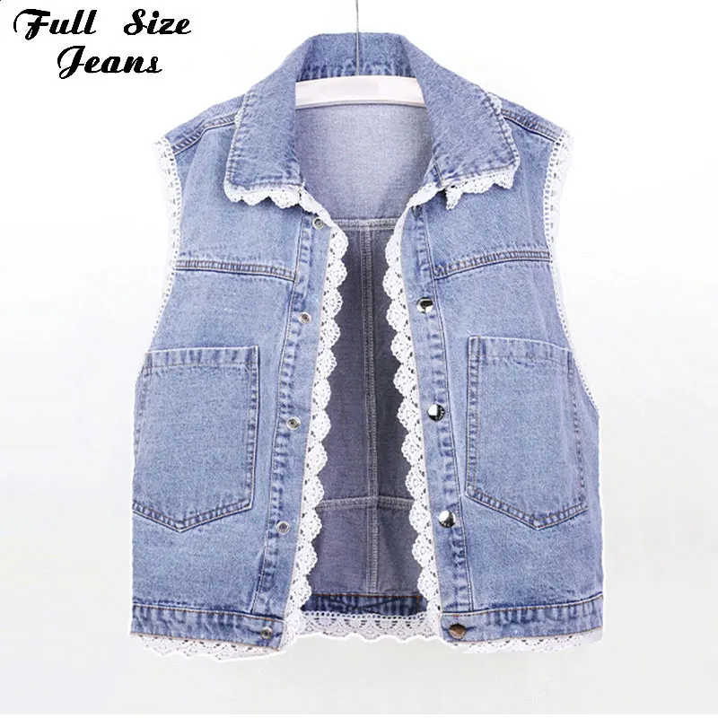 

Plus Size Women Clothing Coat Lace Trim Sleeveless Short Waistcoat Spring Korean Sweet Belt Jean JacketVintage Blue Denim Vests