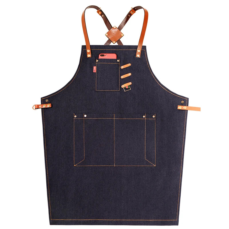 

Korean fashion kitchen denim apron coffee shop restaurant drawing men and women overalls children custom printed logo