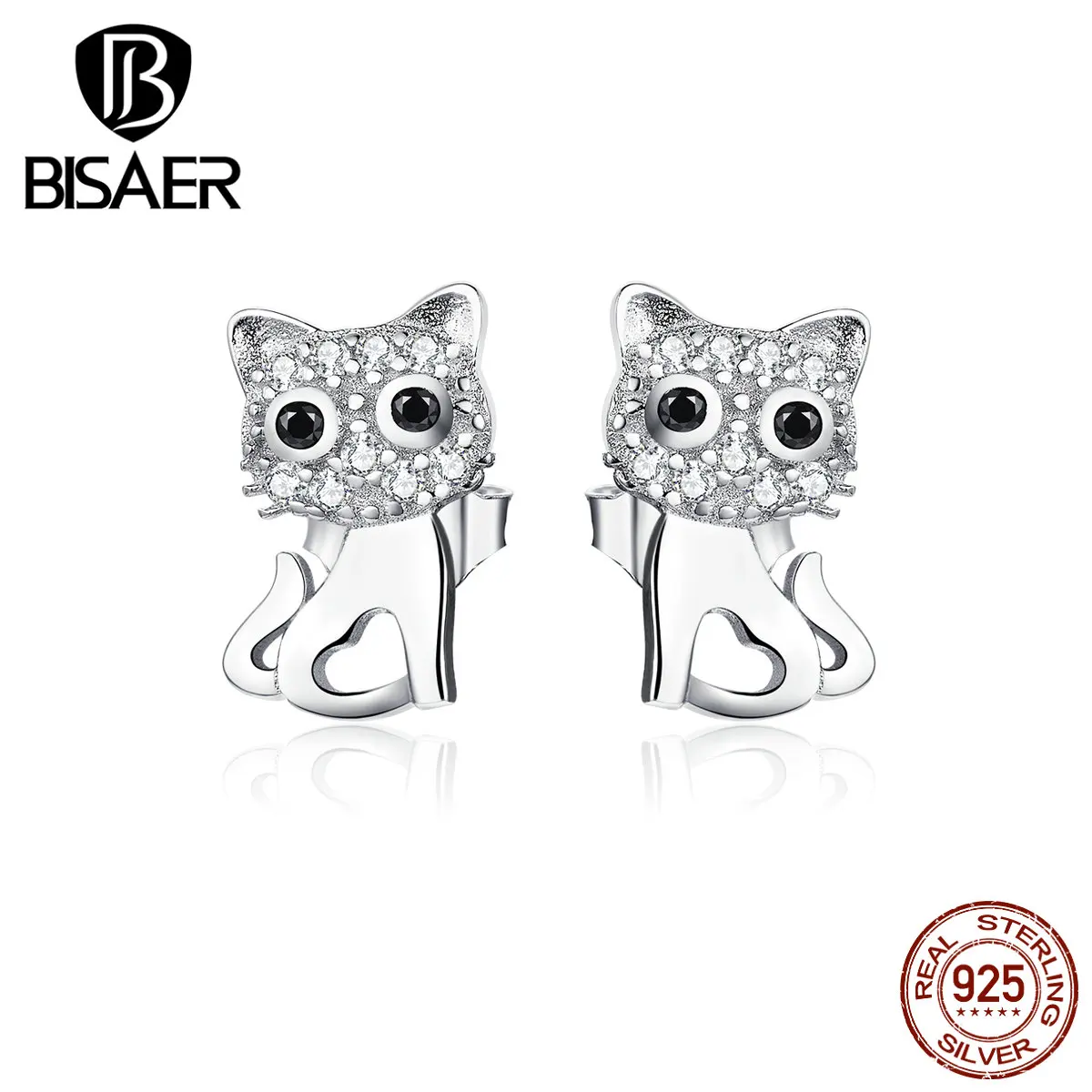 Кошачьи ювелирные изделия BISAER,, 925 пробы, серебро, кубический циркон, маленькая кошечка, киска, изысканные серьги-гвоздики для женщин, ювелирные изделия ECE797