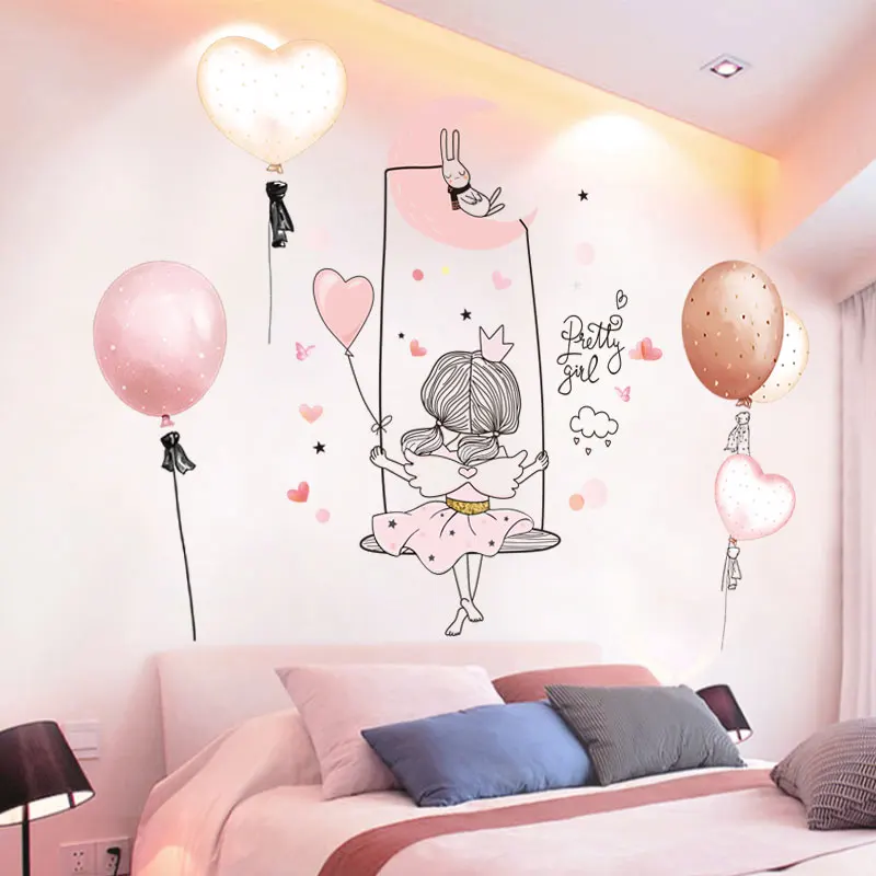 

[shijuekongjian] Cartoon Girl Moon Wall Stickers DIY Balloons Mural Decals for Kids Rooms Baby Bedroom Nursery House Decoration