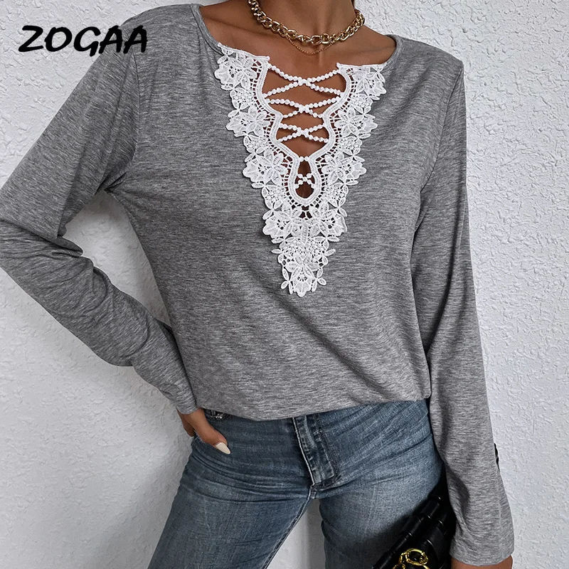 

Женская свободная рубашка с длинным рукавом ZOGAA, повседневный однотонный пуловер с V-образным вырезом и кружевом в стиле пэчворк, весна-осен...