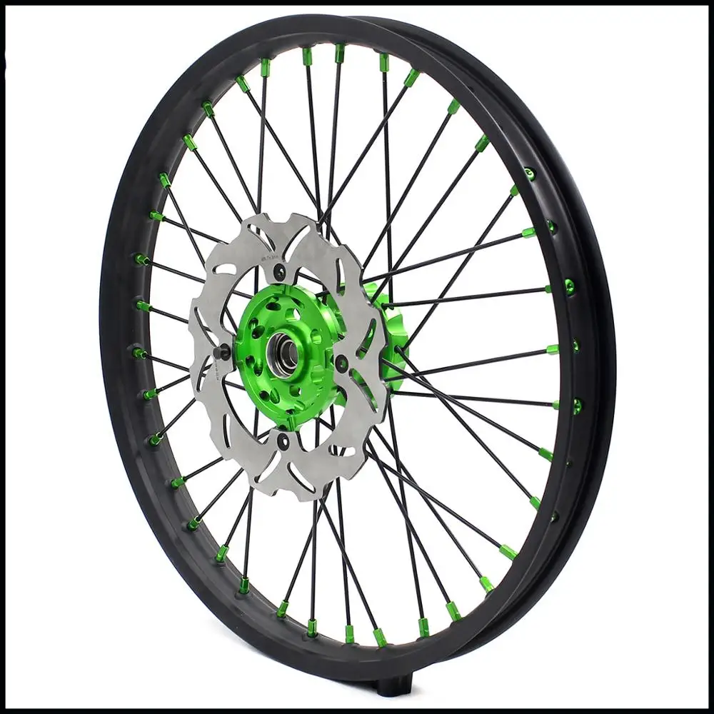 KKE 21/18 Motorcycle Rim Spoked Wheels Set For KAWASAKI KX250F KX450F 2006-2014 KX125/250 2006-2007 Green Nipple Black Spoke |