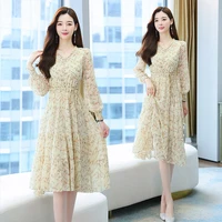 midi chiffon women floral dress autumn spring runway 2022 y2k korean fairy long sleeve vintage elegant boho party night dresses