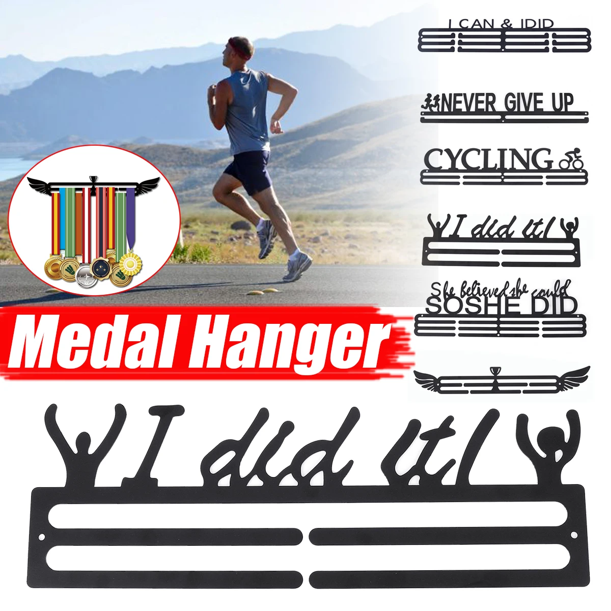 ステンレス鋼のスポーツメダルホルダー,18種類のインスピレーションを与える黒いメダルホルダー